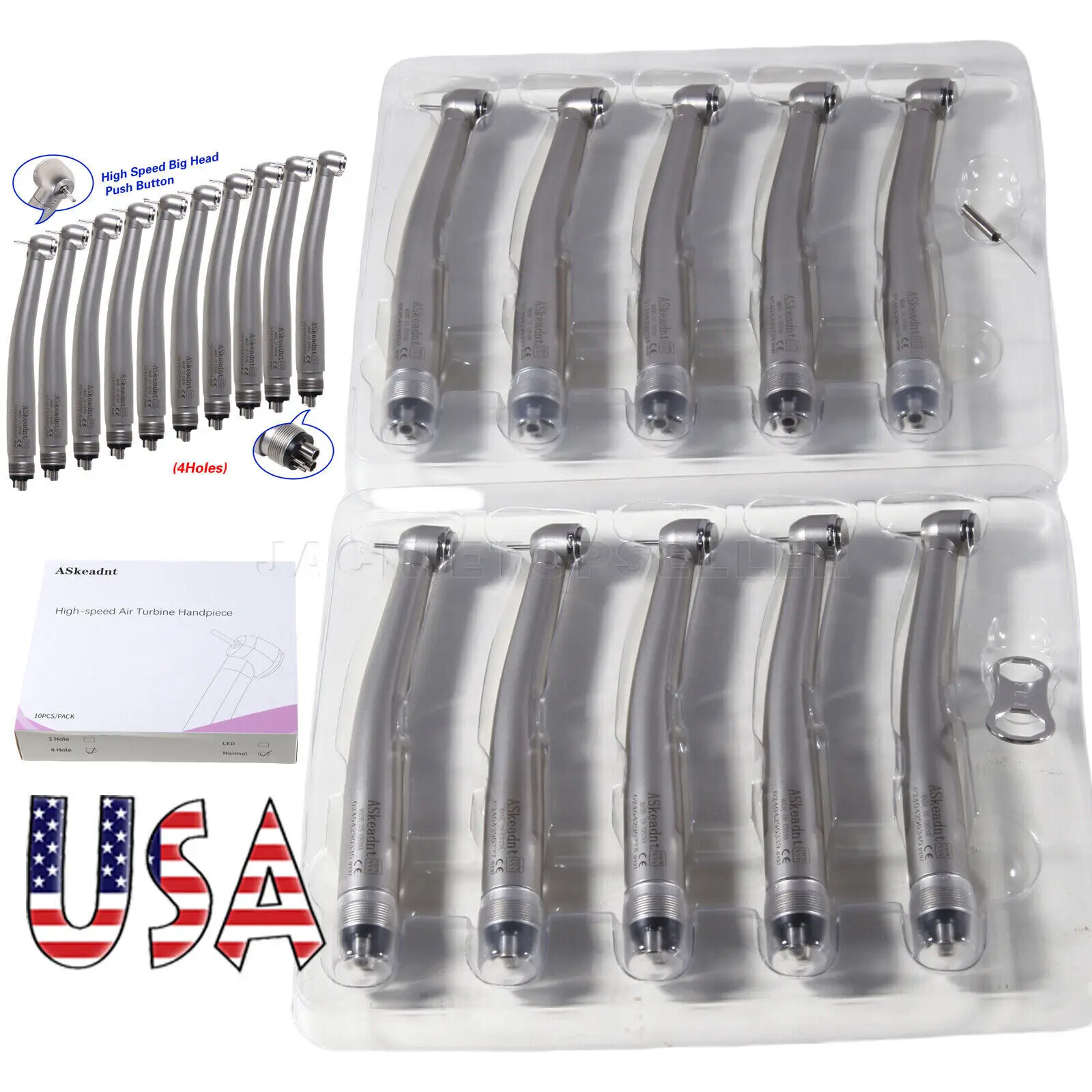 10PCS ASkeadnt Dental High Speed Turbine Handpiece Push Button Large Head 4Hole Fit Nsk Pana Max