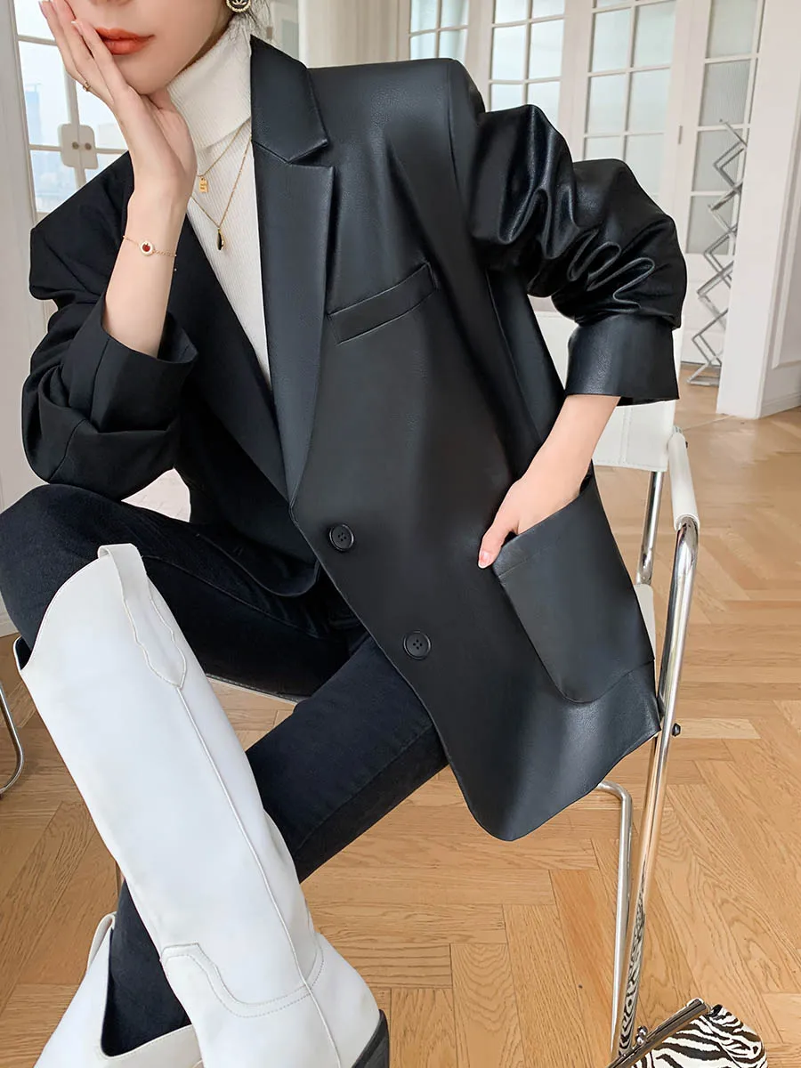 Tannt Women Blazer Asymmetry Pu Patchwork Women Blazers And Jackets Irregular Oversize Long Women\'s Blazers Coats 2023 New