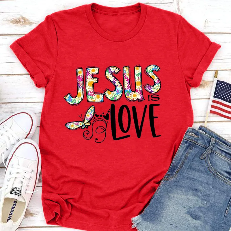 Jesus Love Print Women T Shirt Short Sleeve O Neck Loose Women Tshirt Ladies Tee Shirt Tops Clothes Camisetas Mujer