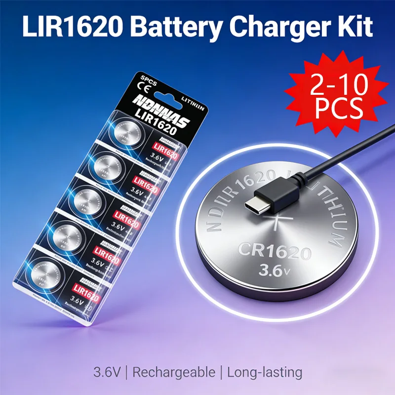 

LIR1620 3.6V 30mAh Rechargeable Button Lithium Battery with USB Charger Cable Equivalent to CR1620 for Car Key Watch Remote