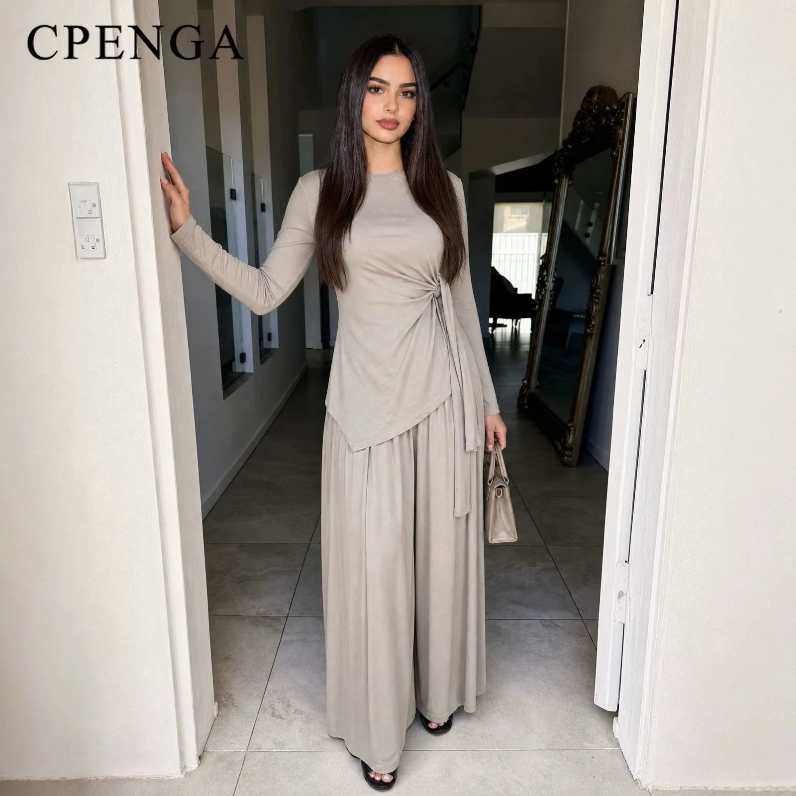 Abaya Co Ords Sets for Woman Muslim Women Traditional Matching Sets 2 Piece Outfit Long Sleeve Solid Top Pants Casual Daily Wear