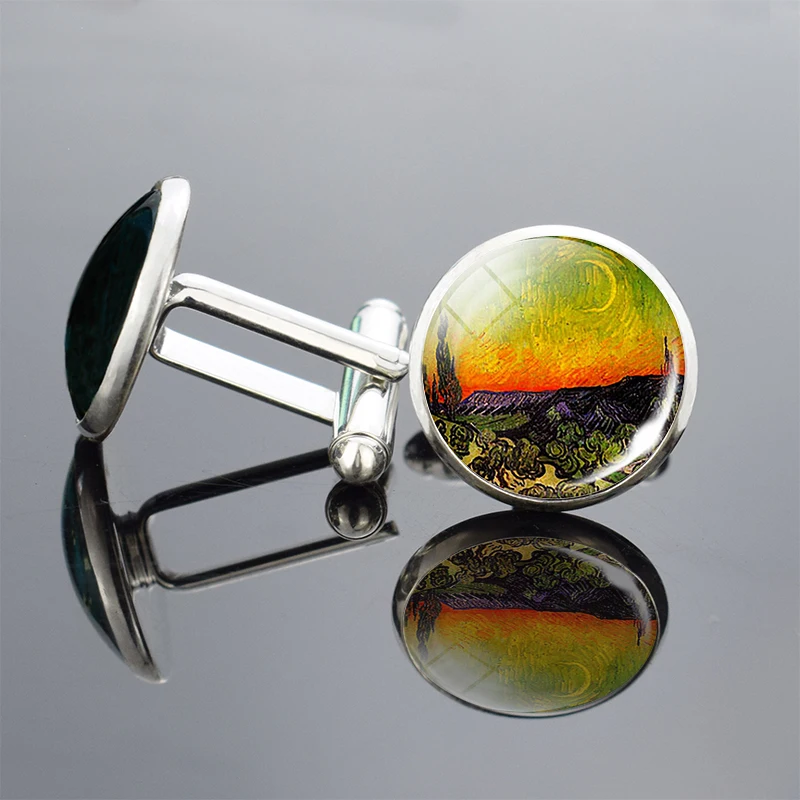 Van Gogh SilverColour Cufflinks Starry Night Handmade Oil Painting Glass Cabochon Cufflinks Men Women Christmas Gift