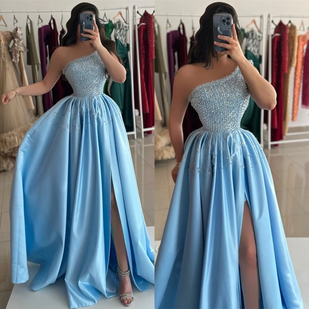 Customized Graceful One Shoulder Evening Dress and Temperament Satin Special Occasion Gowns and Delicate Sleeveless Prom Dresses