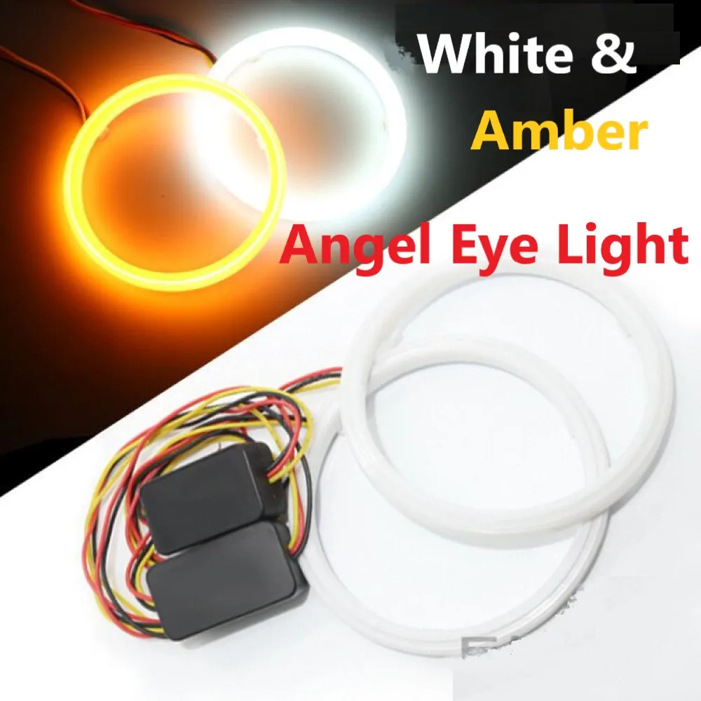 Two angel eye white and amber LED lights with a size of 60-120MM, used for turn signal DRL DC12V.