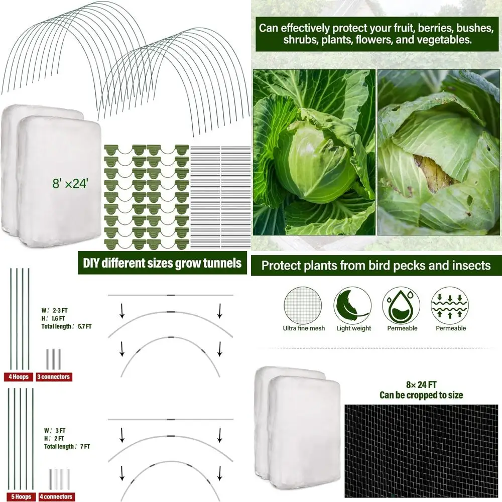 

Garden Plant Cover Netting Kit with 100 Hoops, 72 Clips, 80 Connectors, Ultra Fine Mesh Protection