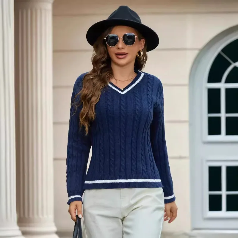 

Винтажный вязаный свитер с V-образным вырезом и контрастной отделкой для осенне-зимней и повседневной носки, пуловер с длинными рукавами