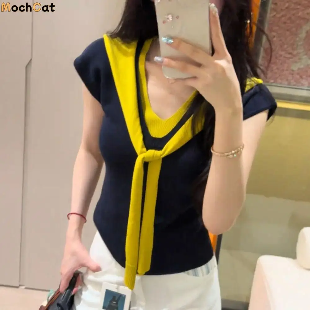 

Lace-up Fake Two Pieces T-shirts V-neck Short Sleeve Slim Knit Crop Top Patchwork Korean Style Sweet Girl's Tees Top Summer