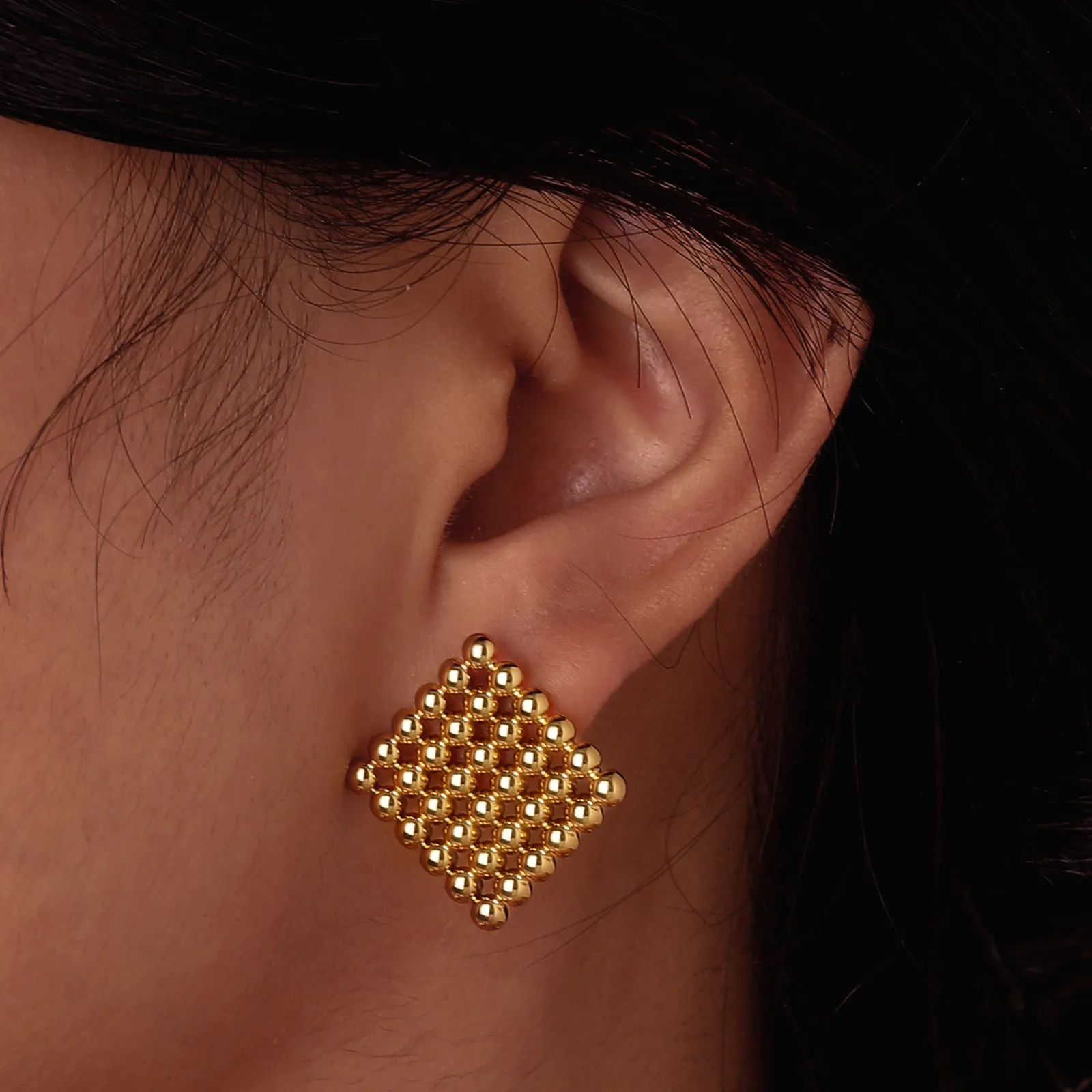 Vnox-pendientes de tuerca en forma de corazón para mujer, aretes cuadrados geométricos de fila de cuentas, joyería de oreja de acero inoxidable de Color dorado, regalo para ella