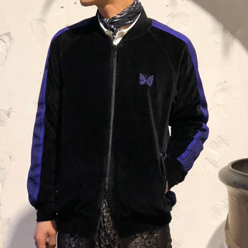 Purple Track Stripe+Butterfly Embroidery Cotton Velvet Coat Zipper Men Women Oversize Lapel Collar Long Sleeve Jacket