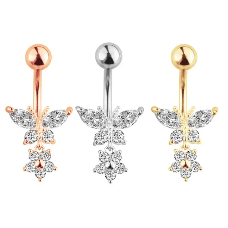 Butterfly Zircon Navel Belly Piercing Rings Fashion High Quality Surgical Steel Dangle Button Body Piercing Jewelry Accessory