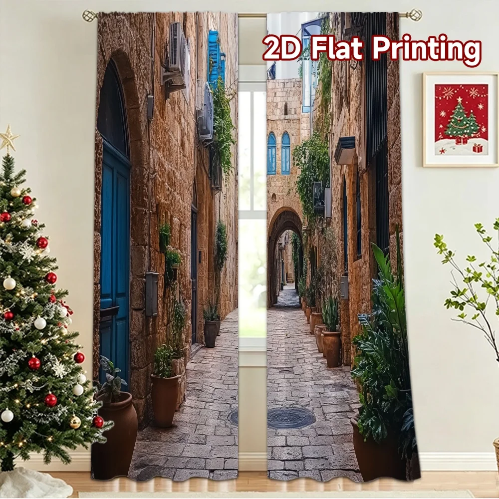 2D flat 2pcs Curtain Vintage drapes and curtains Stone Alley Blue Windows Digitally printed polyester, colorfast Birthday Party