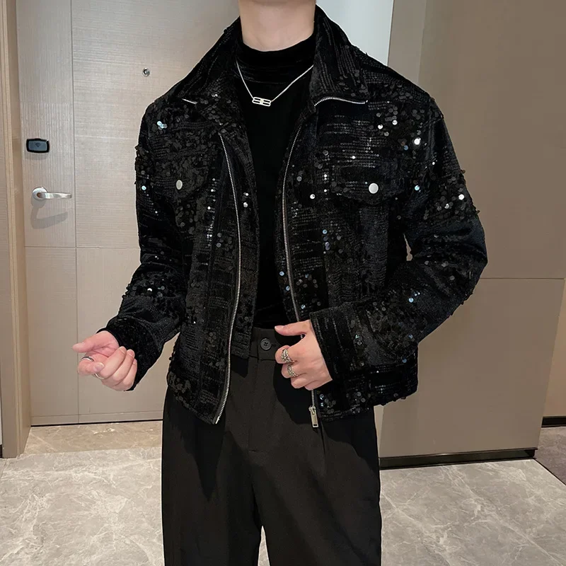 

Autumn Sequin Decorative Jacket for Men Short Casual Social Streetwear Lapel Bomber Jacket Men Loose Stage Performance Costumes