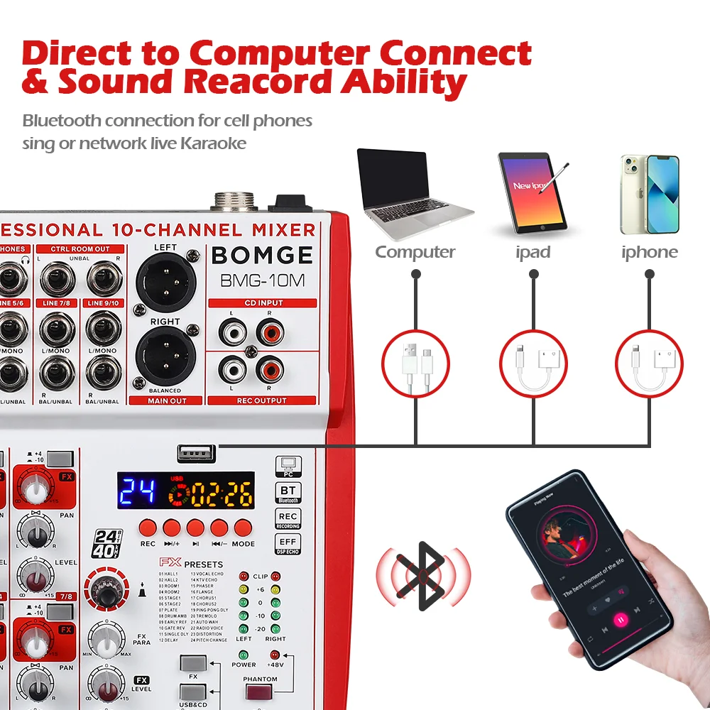 BOMGE 10 12 Channel Soundboard Audio Mixer with Xenyx Preamp, 24DSP, Bluetooth, 48V Phantom Power, EQ and USB/Audio Interface