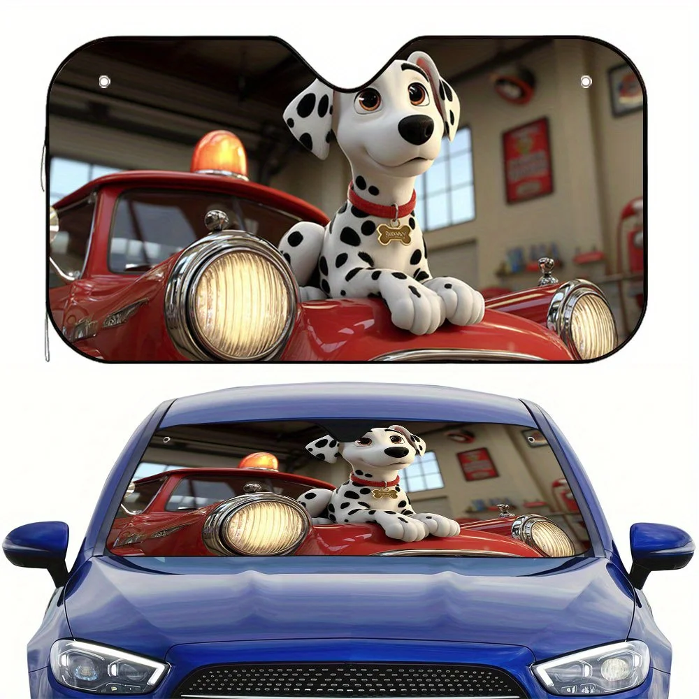 1pc 2D Flat Dalmatian Fire Pup Design Car Sunshade – Keeps Your Car Cool, Includes 4 Suction Cups, Easy To Install & Foldable Fo