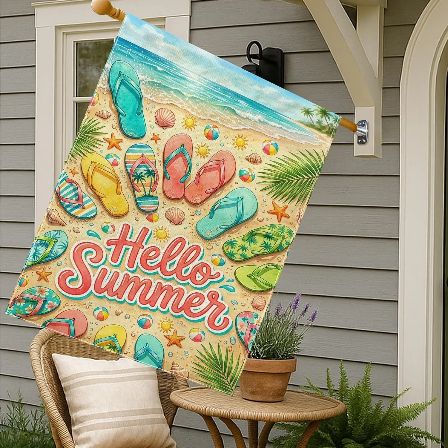 Flip Flops House Flag, Summer Tropical Beach Ball Palm Leaves Summer Turquoise Burlap Double Sided Outside Large Garden Flag yyi