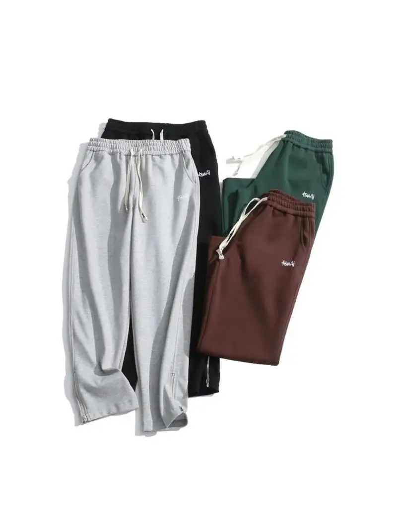 

Новые мужские спортивные брюки из плотного чистого хлопка с вышивкой, на молнии у щиколотки, свободного прямого кроя, осенне-зимние, повседневные, цветные