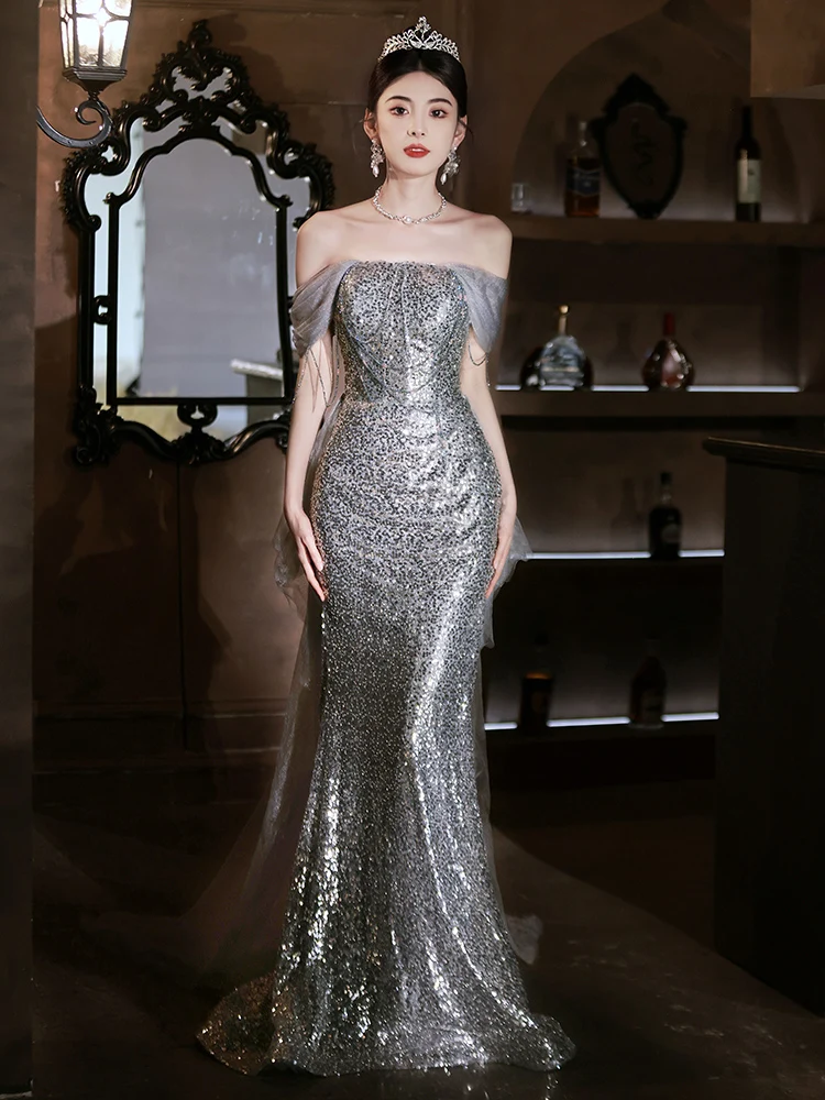 

Элегантное вечернее платье на одно плечо для женщин, новинка 2025 года, класса люкс, для взрослых, фасон «рыбий хвост», корейский стиль, короткий рукав.