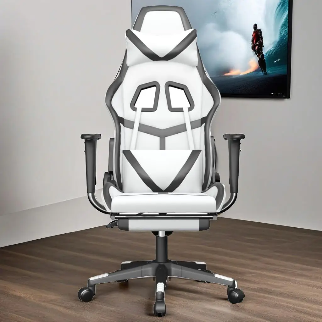 Cadeira ergonômica para jogos com apoio para os pés – design elegante em couro sintético branco e preto