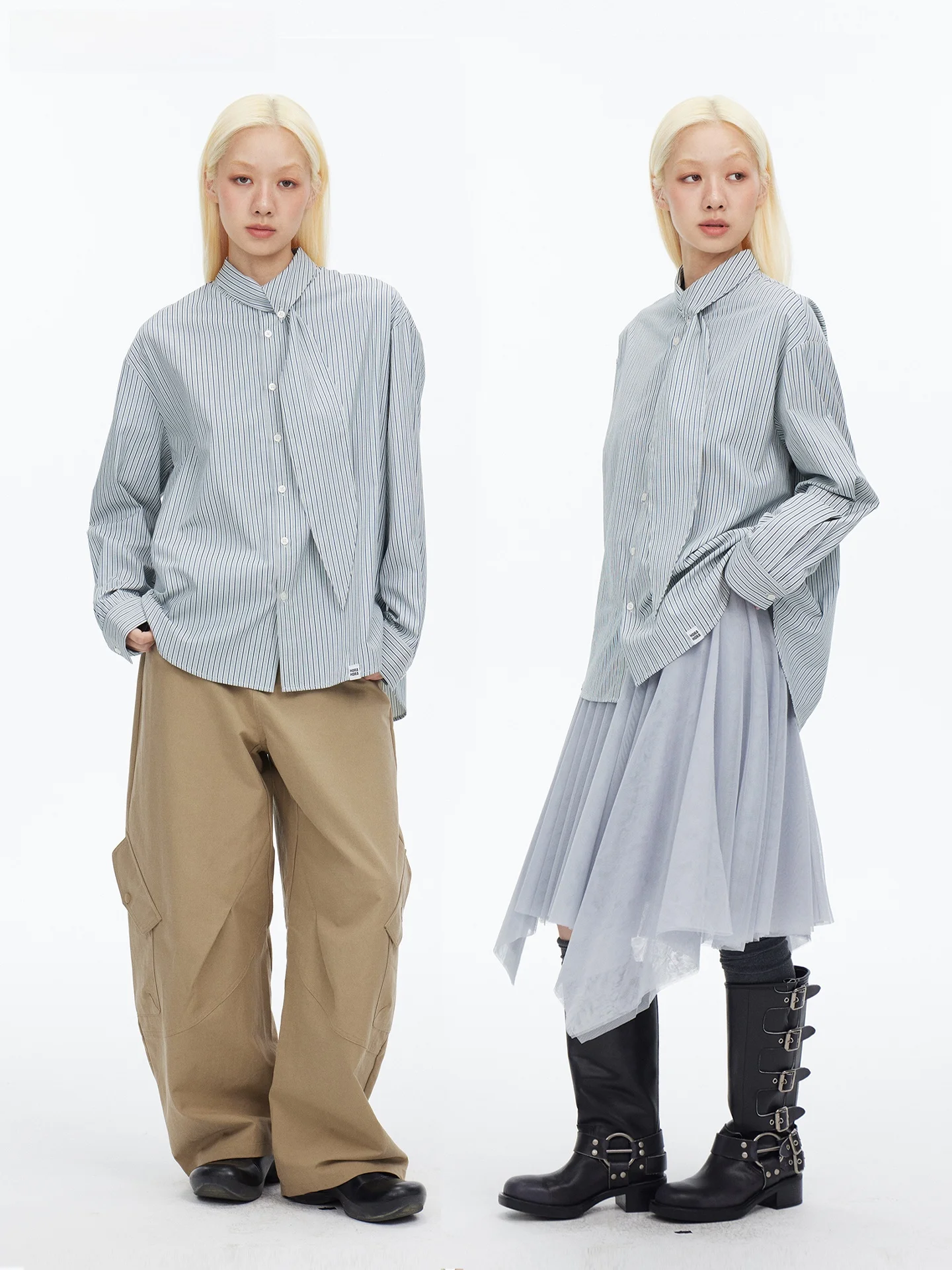 

Loose Oversize Cotton irt Boyfriend Sle Blue een Striped Tie Ne Design Artistic Faion Women's Spring Long Sve