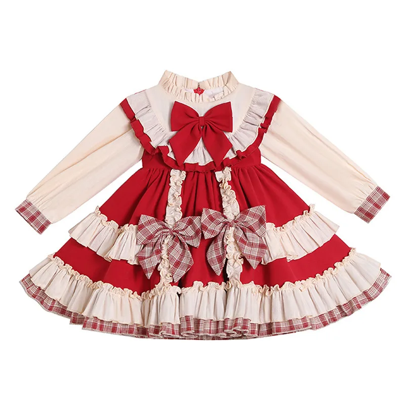 

Красное платье Лолиты для девочек, пышные кружевные юбки принцессы, карнавальный костюм с бантом