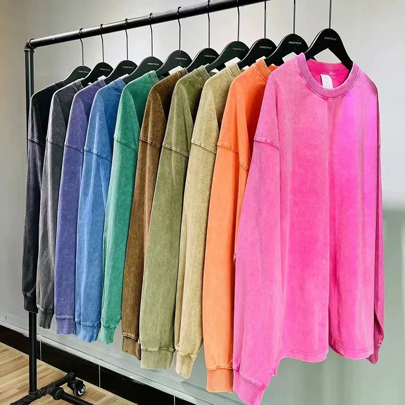 

230g Mens 100% Cotton Long Sleeve T-shirts For Autumn Vintage Distressed Acid Washed Tee Batik Round Neck Casual Oversized Top