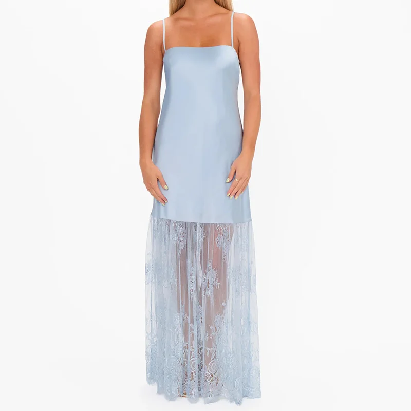 우아한 여성 웨딩 게스트 드레스 브라이덜 샤워 레이스 트림 새틴 실크 맥시 드레스 여성용 칵테일 이브닝 가운 롱 드레스