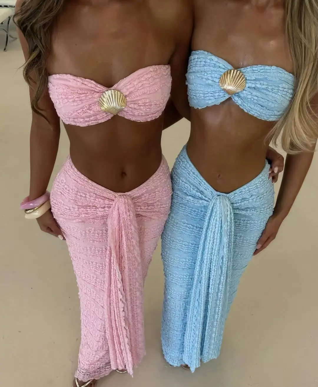 Ensemble de natation 2 pièces en dentelle pour femmes, couleur unie, décontracté, tendance, sans bretelles, hauts sans manche, jupes longueur cheville, nouvelle mode été