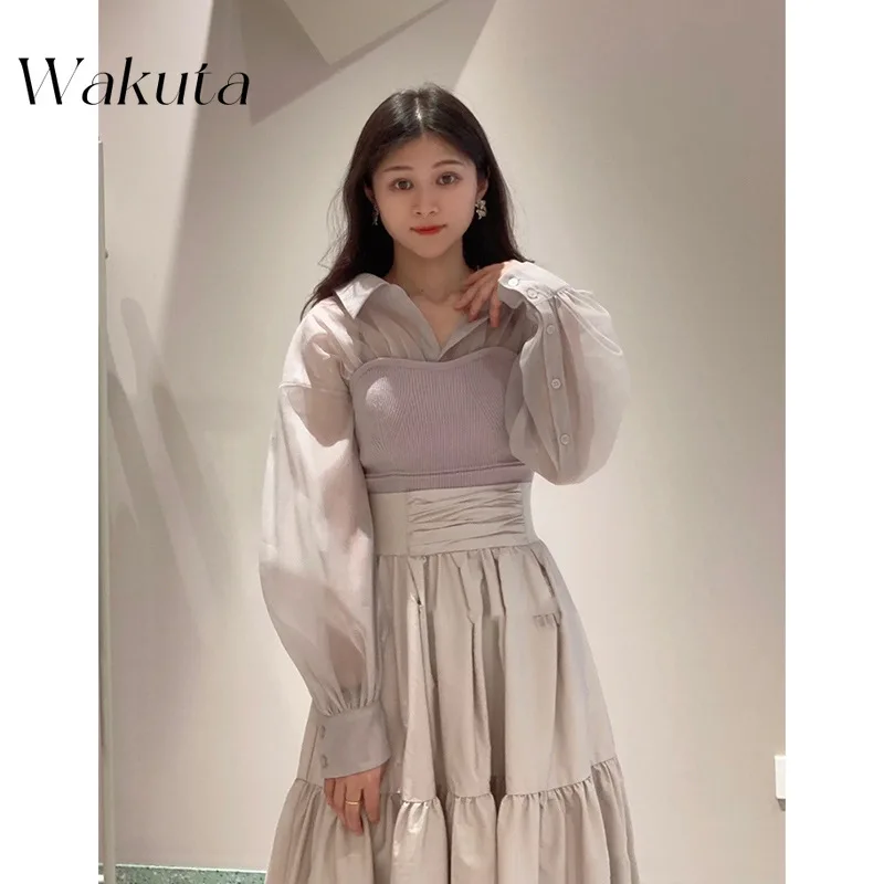 WAKUTA Fashion Japanese Polo Neck Lantern Sleeves Slim Fit Knitwear 2024 Summer New Elegant Slim Fit Folded Panel Tops トップス