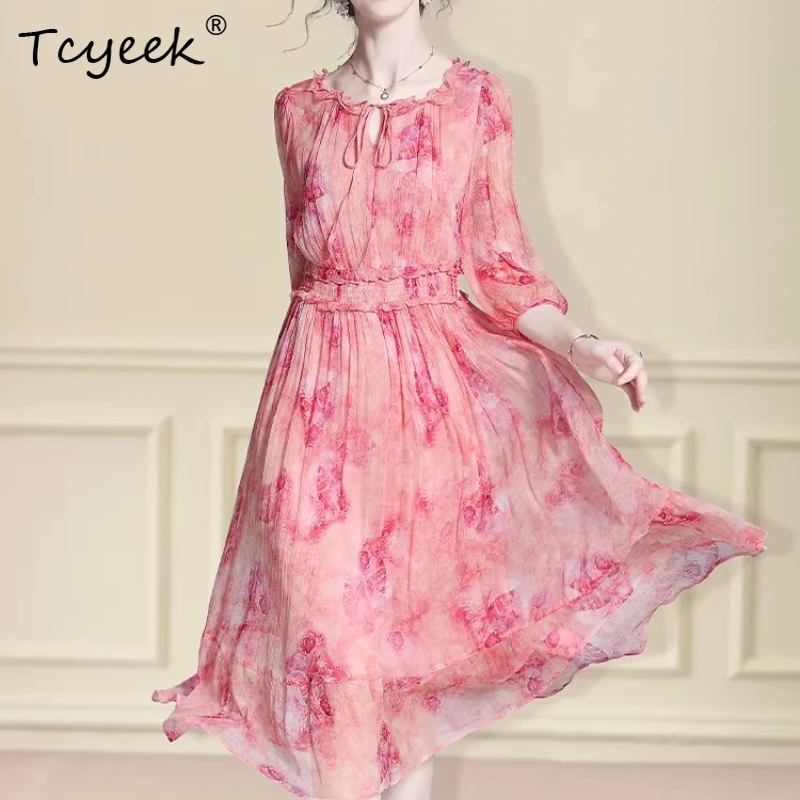 

Tcyeek High-end 100% Real Mulberry Silk Long Dress for Women 2026 Summer Clothes Elegant and Pretty Woman Dresses Платье Женское