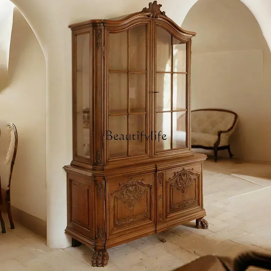 

LJYEuropean retro solid wood carving old wine cabinet French classical carving log color medieval bookcase glass