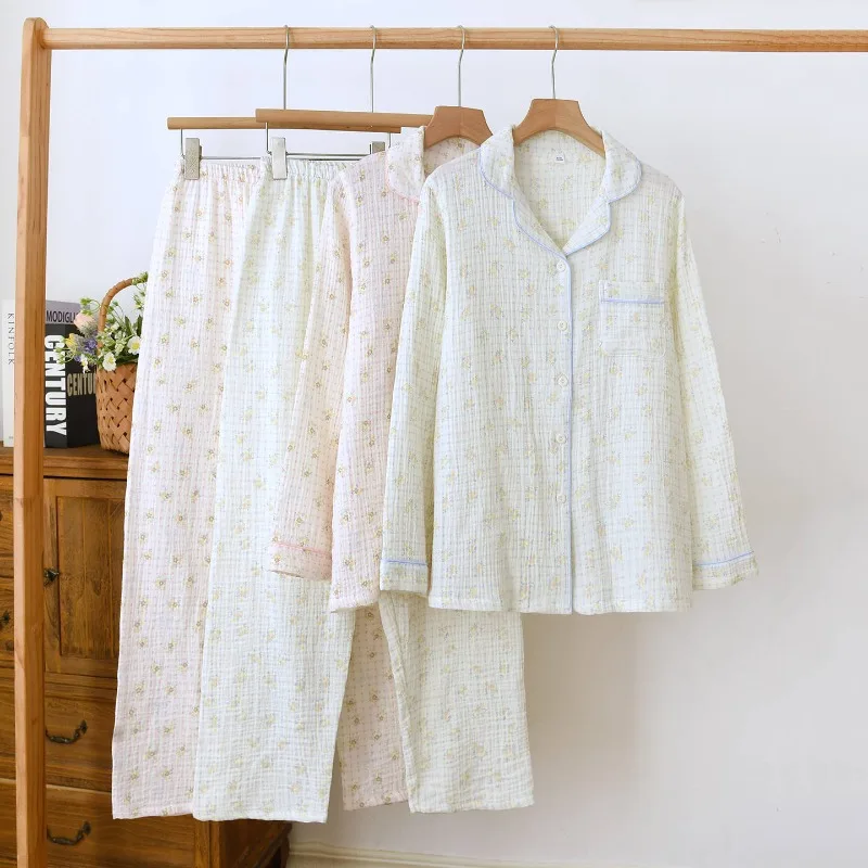 

2026 New Women's Spring and Autumn Pajama Set 100% Cotton Crepe Thin Printed Loose Long Sleeve Home Clothing Set Sleepwear