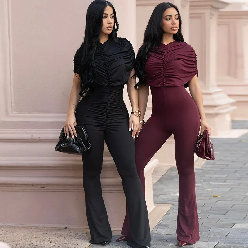 Solid Elegant Jumpsuits for Women Birthday Celebrity Club Party Patchwork Shirring Short Sleeve High Waist Slim Wide Leg Rompers