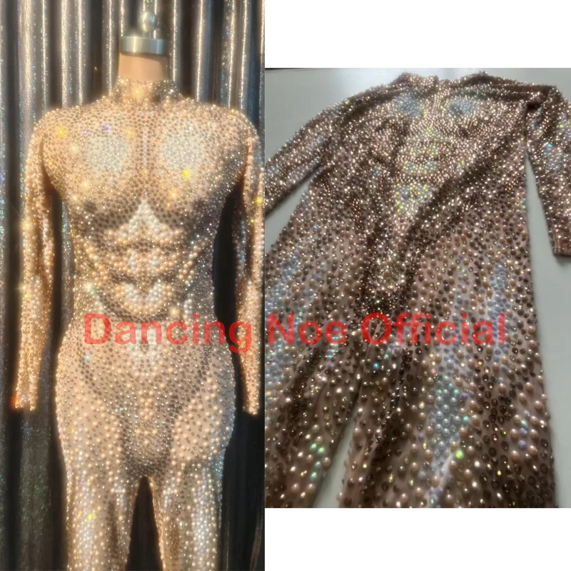 Nightclub Bar Sexy Men\'S Ds Gogo Stage Costume Fashion Muscle Shape Full Diamond Pearl Jumpsuit Drag Queen Party Dress DN17024