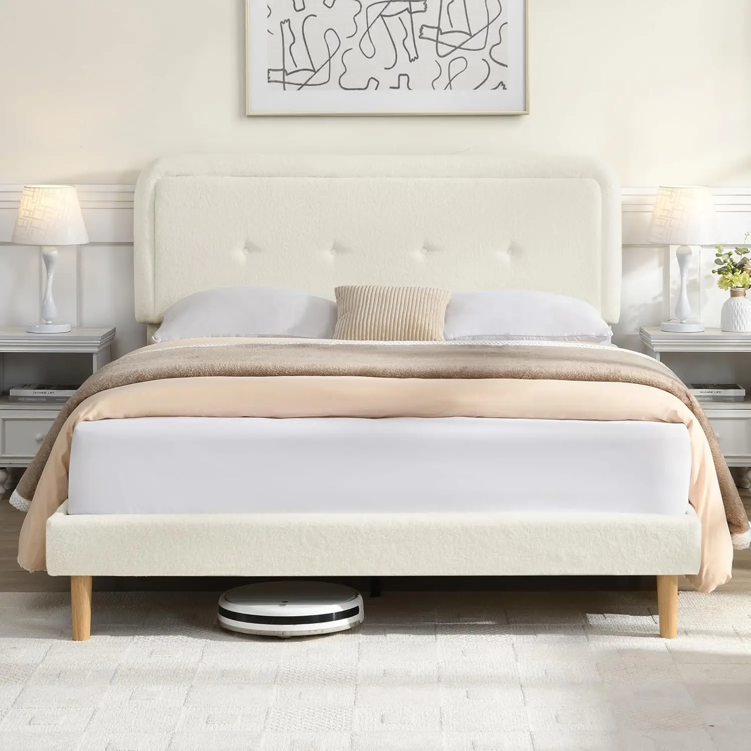 

Queen Size Bed Frame With Adjustable Upholstered Headboard, Modern Soft Queen Platform Bed With Cloud Boucle, Customized
