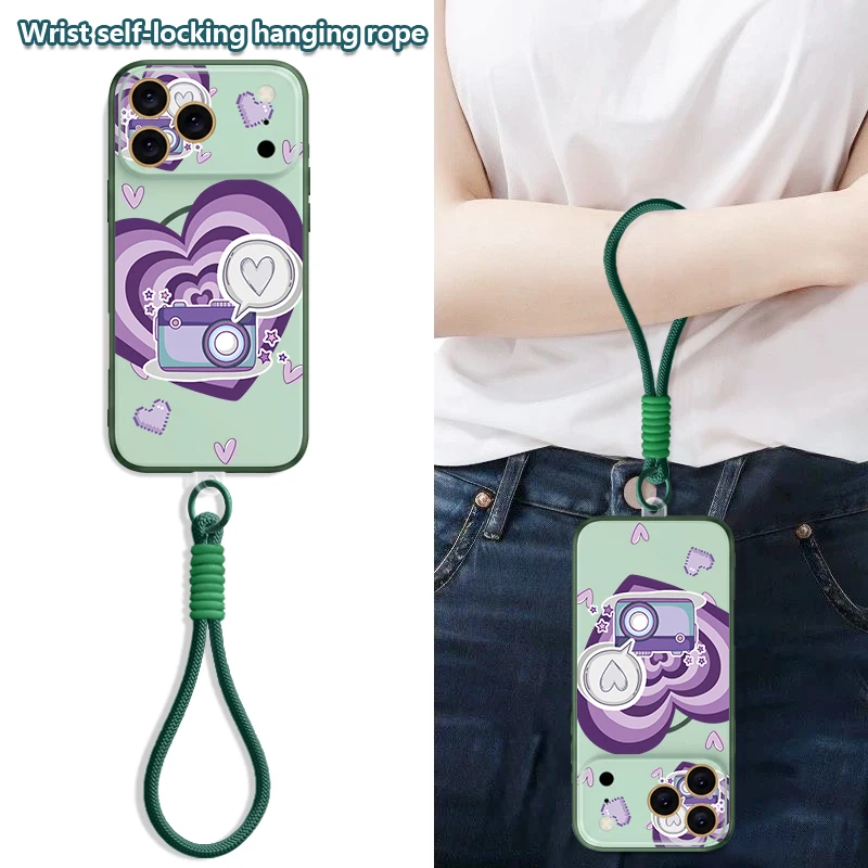 Love Heart Pattern Magnetic Phone Case For iPhone 17 16 Pro 15 14 13 Pro Max For Magsafe Wrist Strap Lanyard Hard PC Back Cover view 3