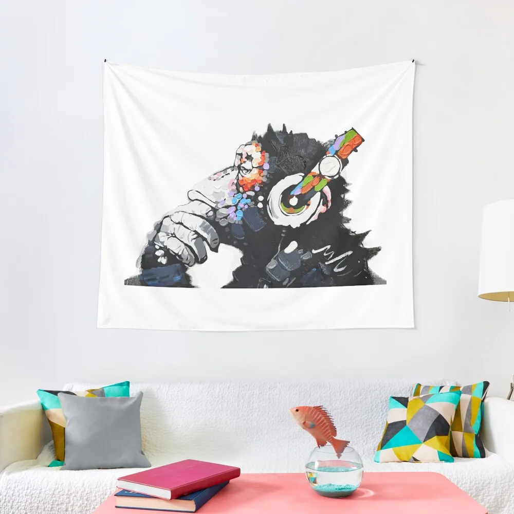 Banksy DJ Monkey Thinker with Headphones White Tapestry Wallpaper Decorative Wall Murals Decoration Room Custom Tapestry