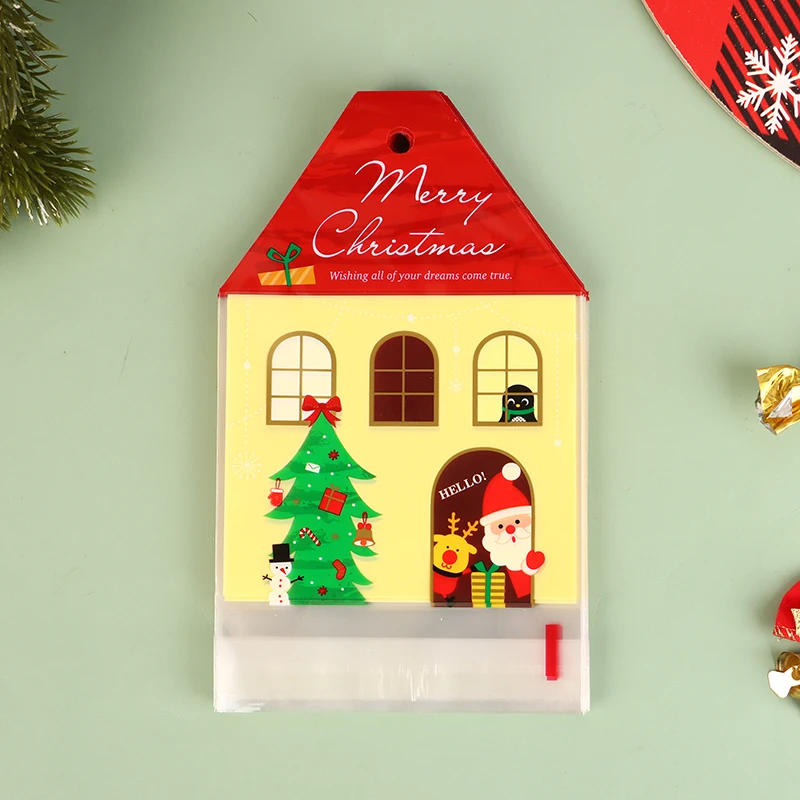 50Pcs Christmas Santa Claus House Shape Candy Gift Bags DIY Cookie Packaging Bag Merry Christmas Party Decoration