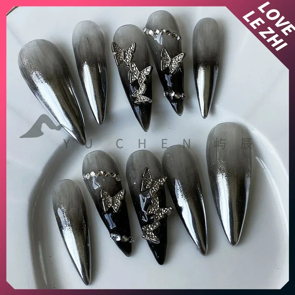 Handmade Gothic Fake Nails Dark Punk Butterfly Full Stiletto Long Pointed Shape Fake Nails Cover Women Almond Press On Nails