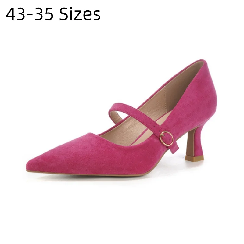 

Lady Hoof Heels Shoes Shallow Mouth Pointy Tip Pumps Designer Brand Heeled With Buckle Strap Flock Gorgeous Rose Red Sandals 43