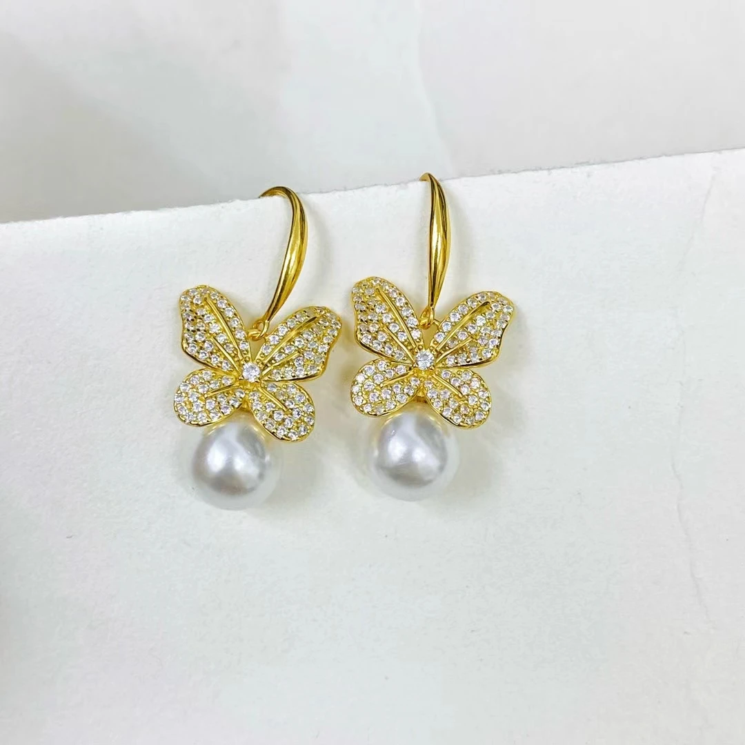 Wholesale Butterfly Shape 925 Sterling Silver Earrings Mount Findings Settings Base Mounting Parts Accessory for 9-10mm Pearls