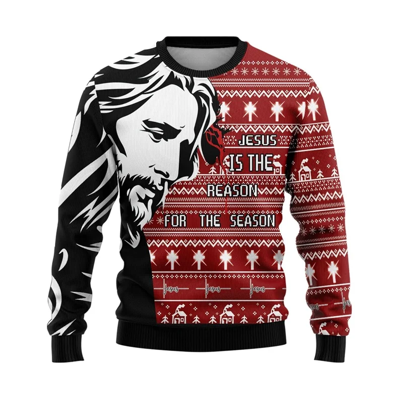 Full Print Men Women Ugly Jesus Jumper Sweatshirts Long Sleeve Crew Neck Christmas Jersey Sweatshirt Mens Hoodies Clothes