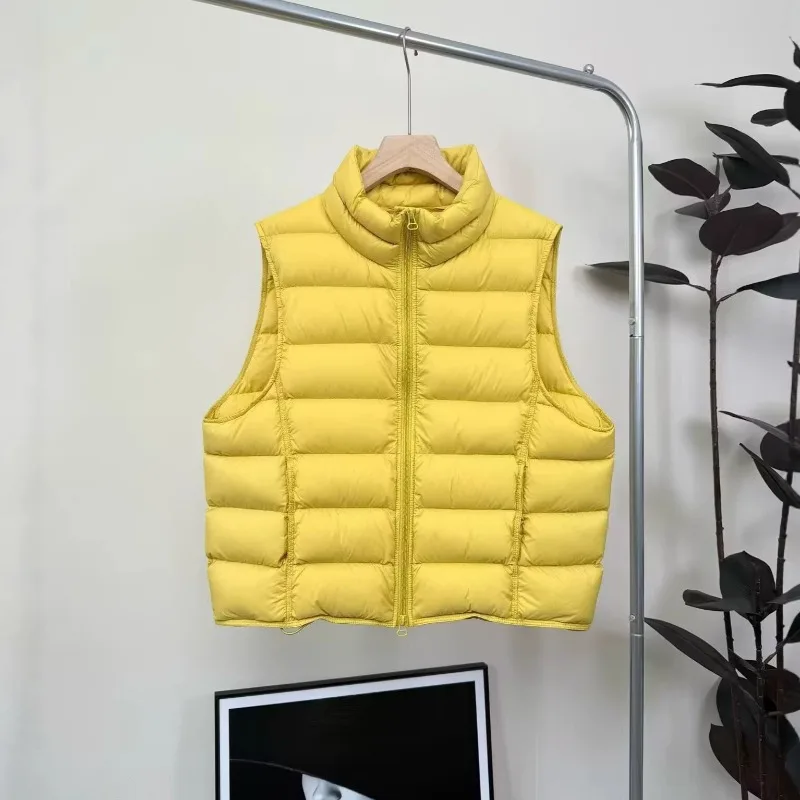 Women White Duck Down Vest 2026 New Double Collar Stand Collar Quilted Sleeveless Korean Casual Puffer Down Gilet Outerwear