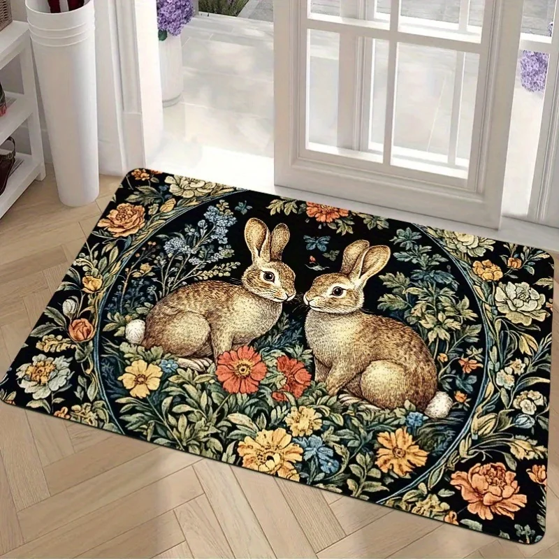 

VIKAMA Vintage Rabbit Floral Pattern Entry Door Floor Mat Entryway Non Slip Absorbent Art Deco Rugs Home Decoration