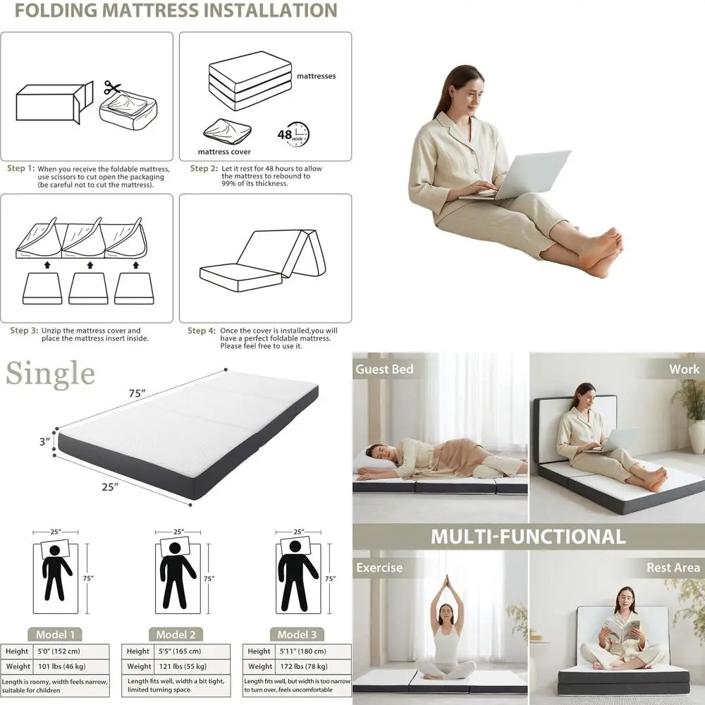 

Twin Size 3 Foldable Memory Foam Mattress with Washable Cover for Guest Beds and Portable Sleeping