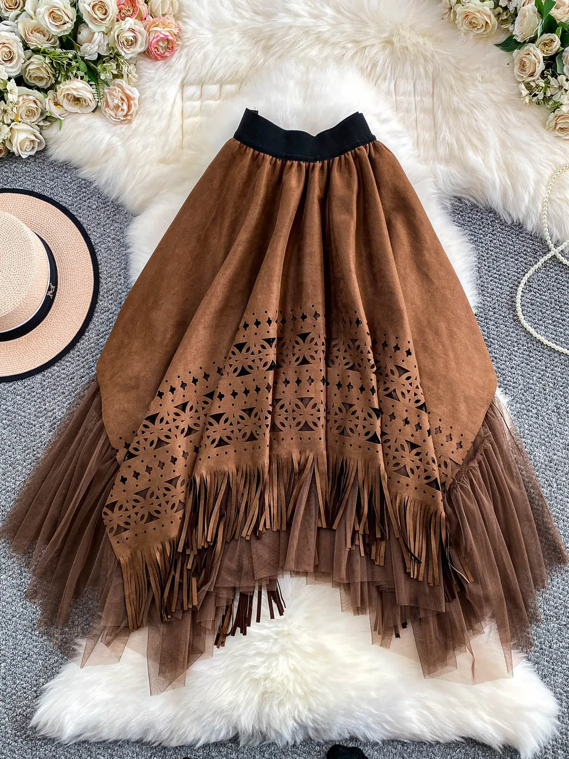 

Длинная юбка из коричневого бархата с асимметричным подолом и вырезами, в стиле ретро, для женщин, осенне-зимняя, для повседневной носки...