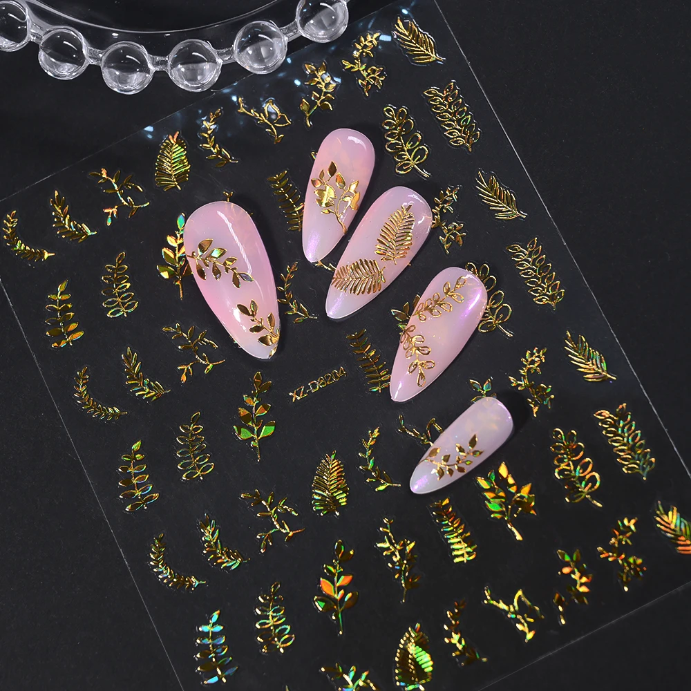 Autocollants pour ongles, feuilles métalliques dorées, fleurs, Design miroir holographique, décalcomanies papillons, curseur adhésif, décoration, 12 pièces