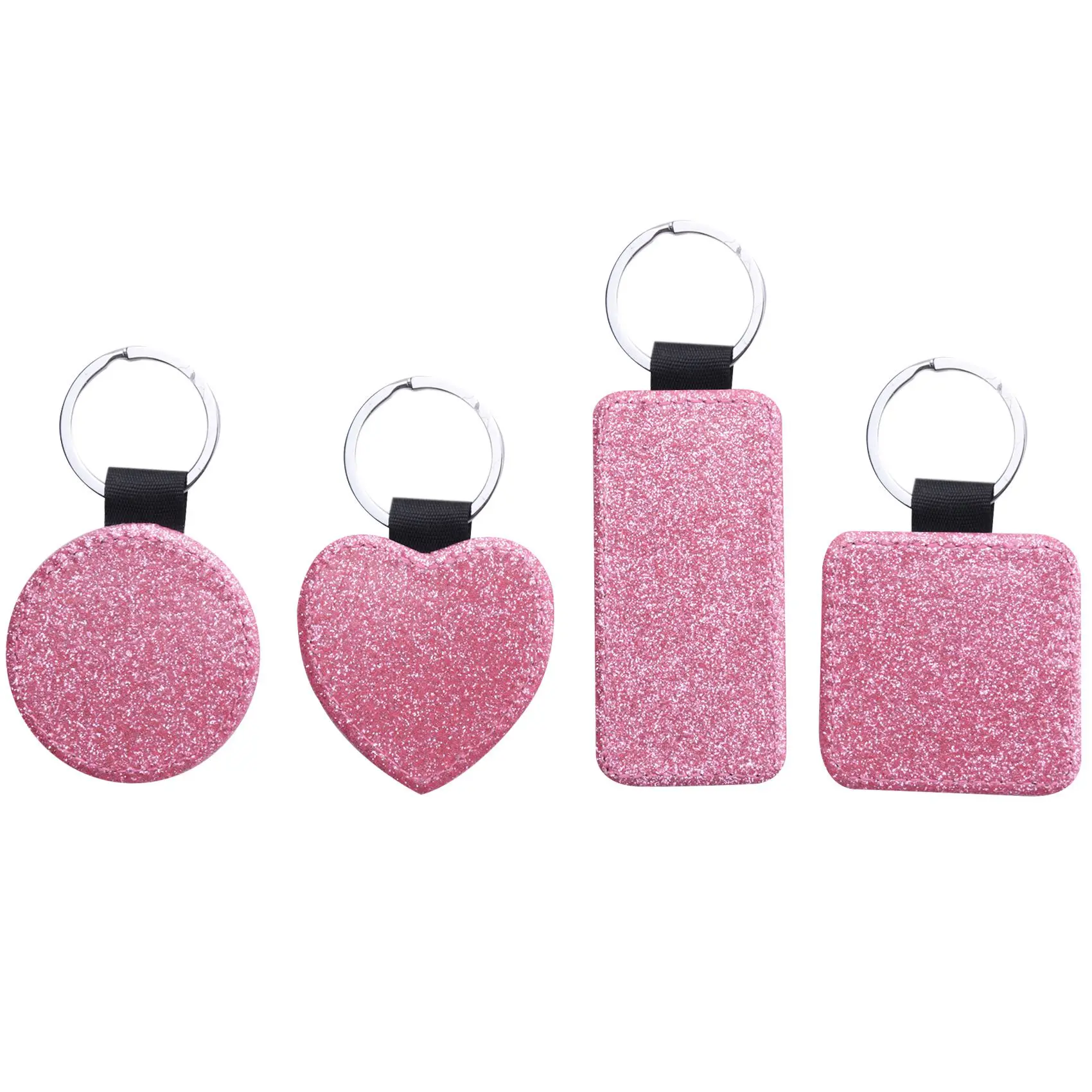 12 Pack Sublimation Blanks Keychain 4 Types Glitter PU Leather Keychain DIY Heat Transfer Keyring Pink