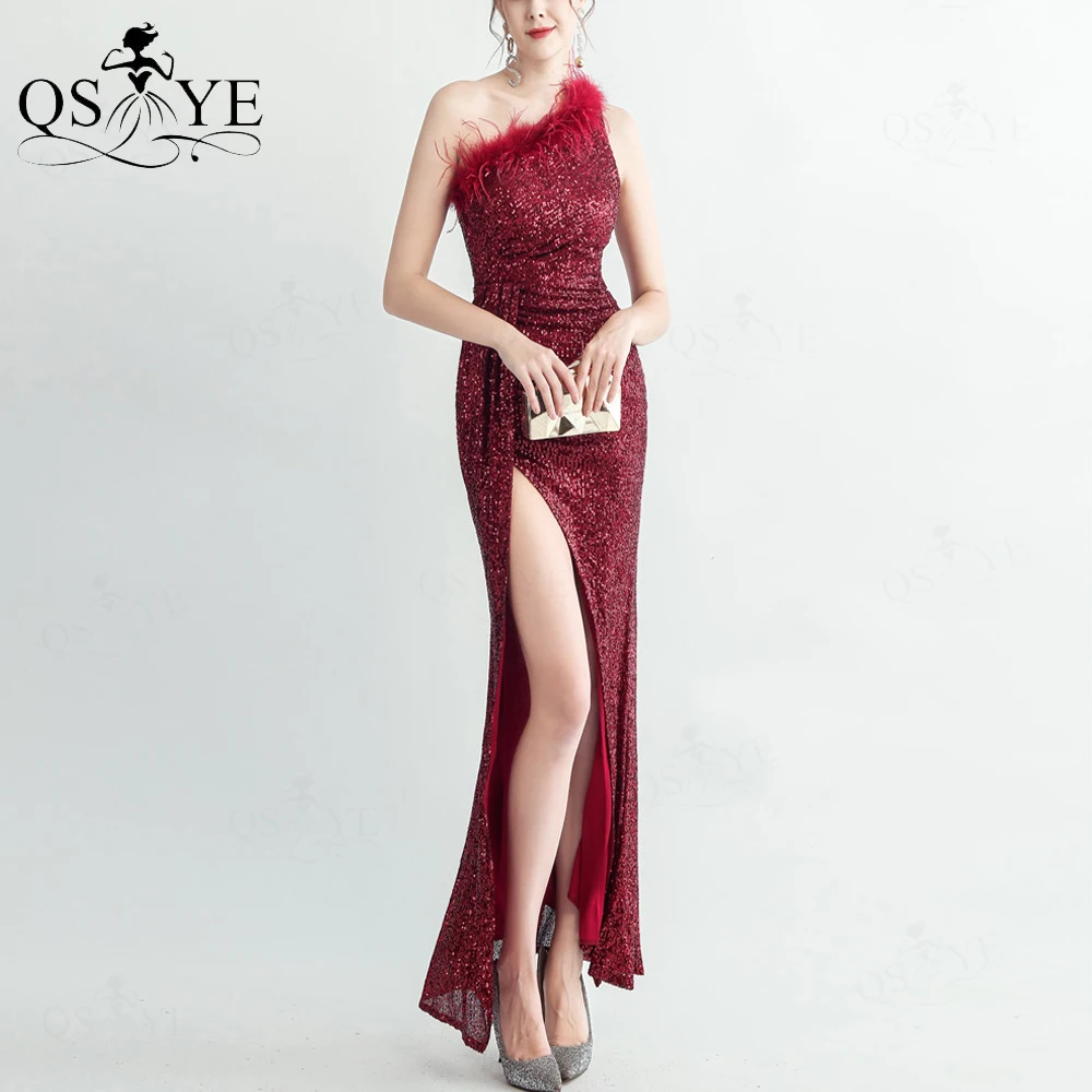 

One Shoulder Sequin Long Prom Dresses Burgundy Ostrich Fur Front Split Ruched Ribbon Evening Gown Dark Red Party Girls Dress New