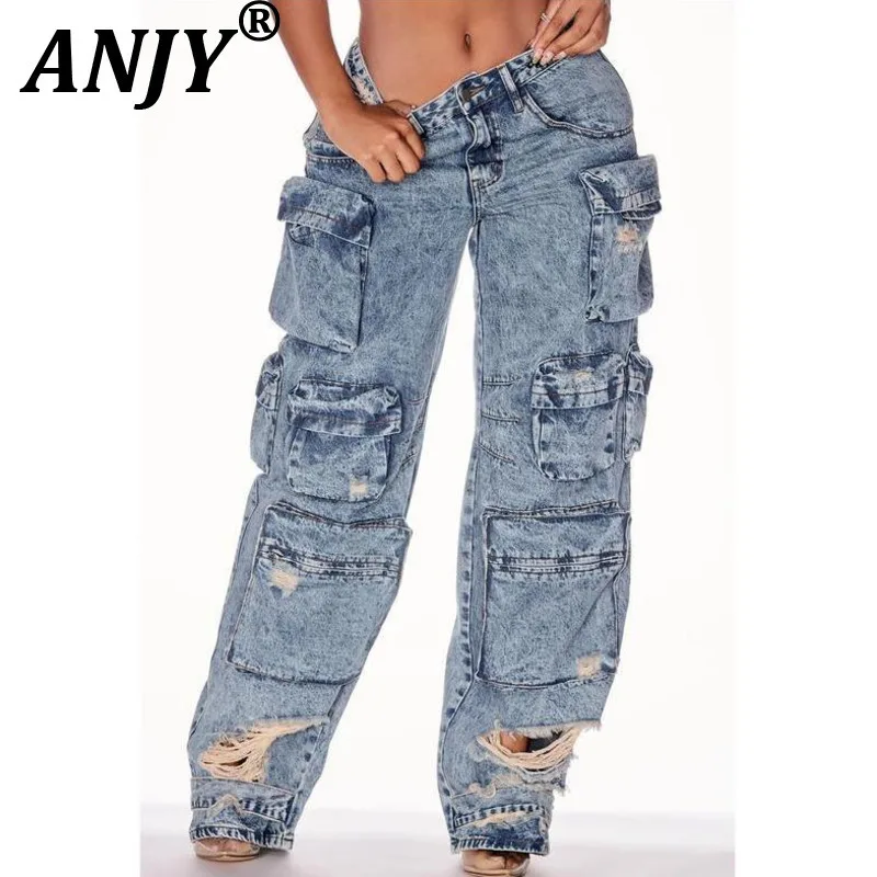 

ANJY, осенне-зимние новые женские лоскутные джинсы-карго с несколькими карманами, уличные потертые рваные широкие джинсовые брюки A14161