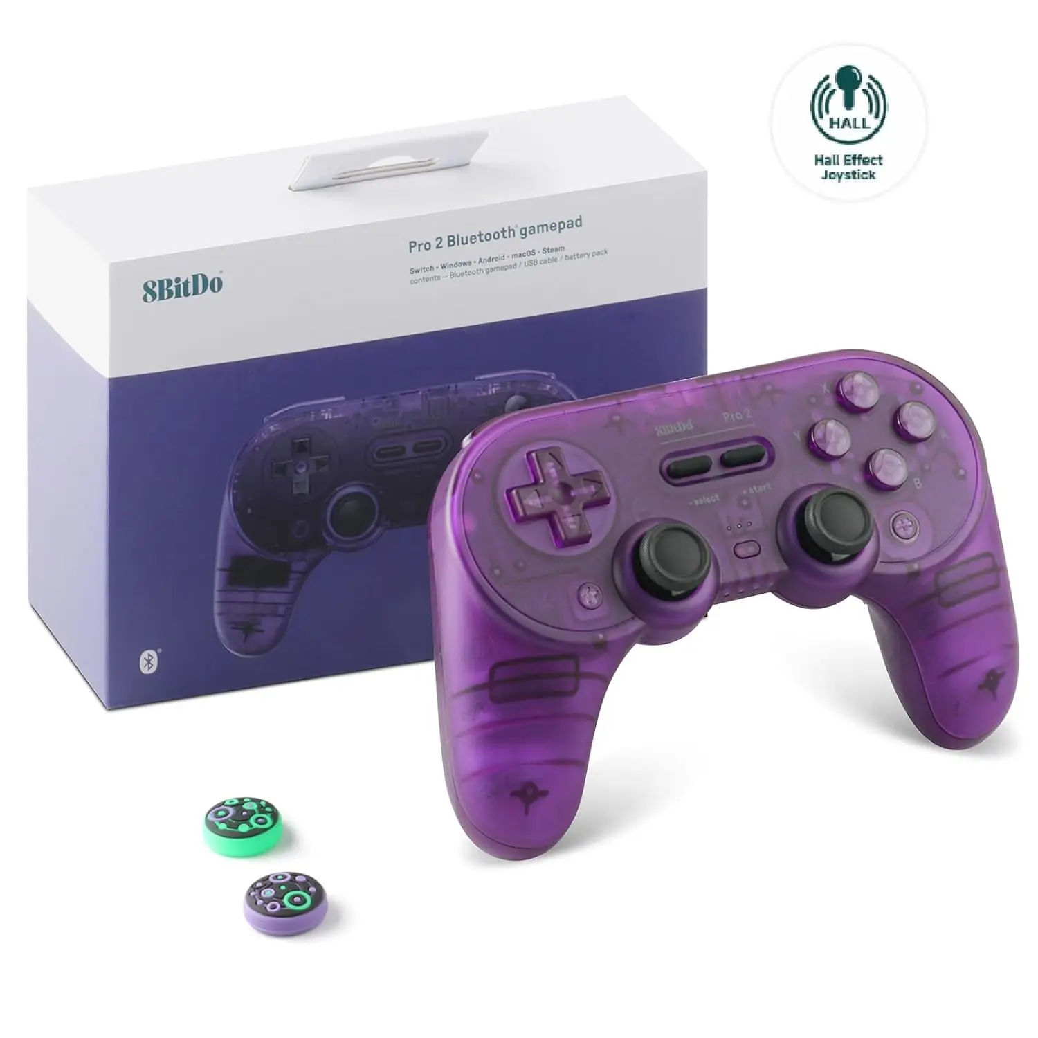 Pro 2 Bluetooth Gamepad with Hall Effect Joysticks for Switch, PC, Android, MacOS, Steam - Transparent Purple
